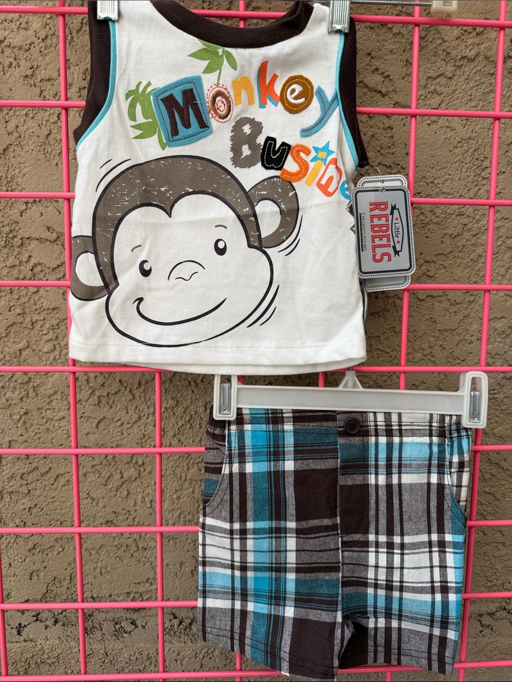 New Vintage rebels cream Tank Top & Brown/Blue Plaid Shorts 'Monkey Business'